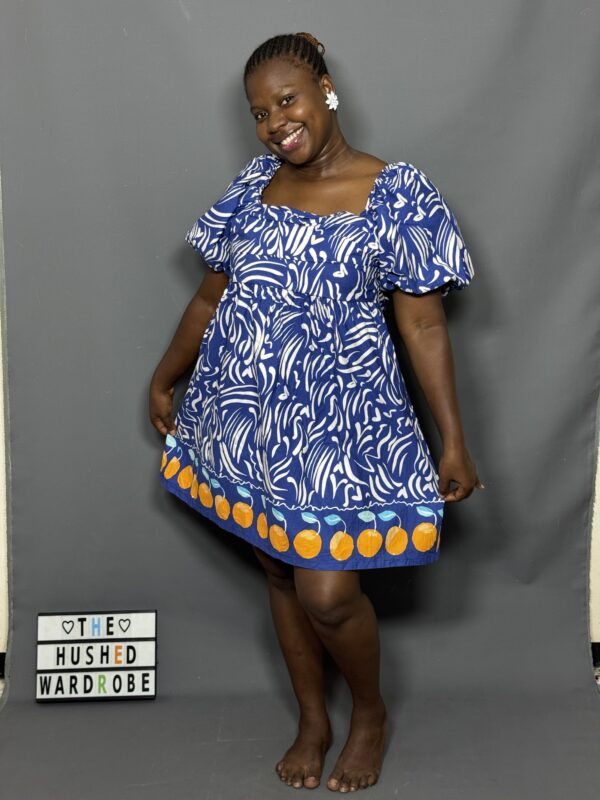 Vibrant blue and white abstract print dress